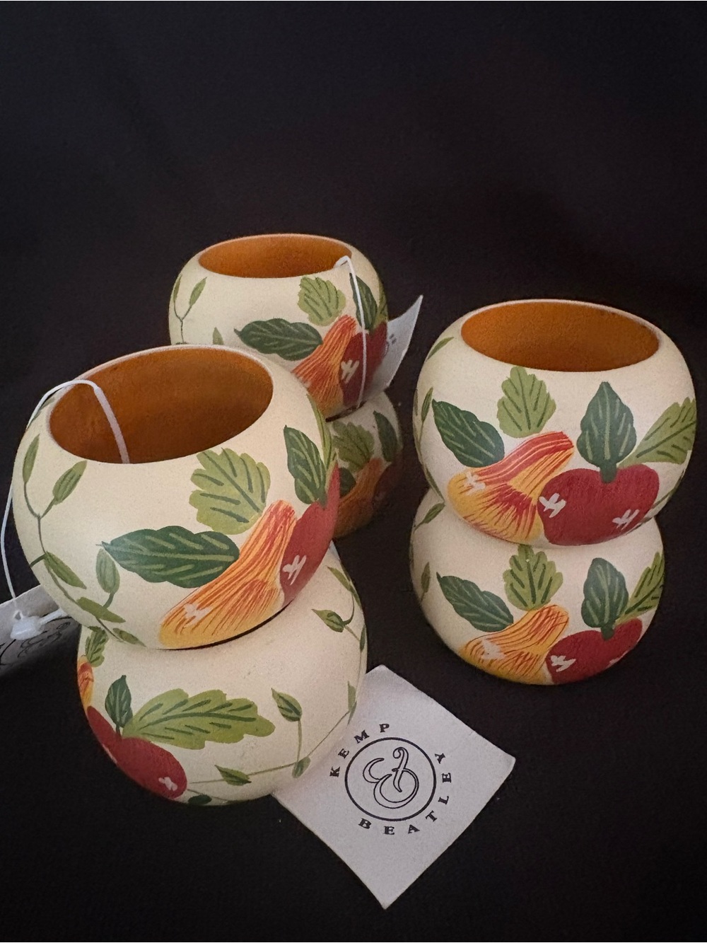 Vintage NWT Kemp & Beatley Harvest Fruit Wooden Napkin Rings Set of 6